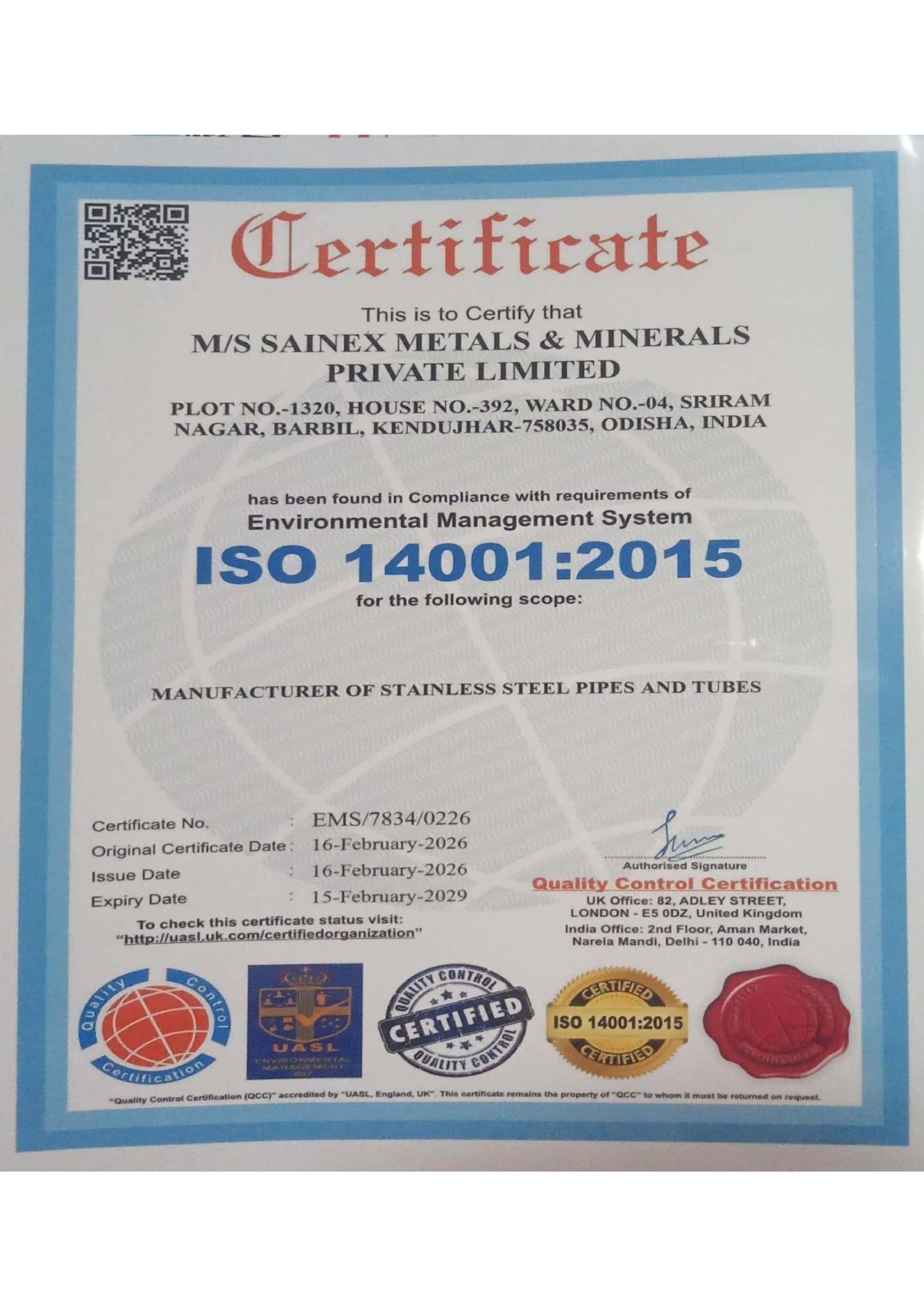 Sainex Metals ISO 14001:2015 certificate