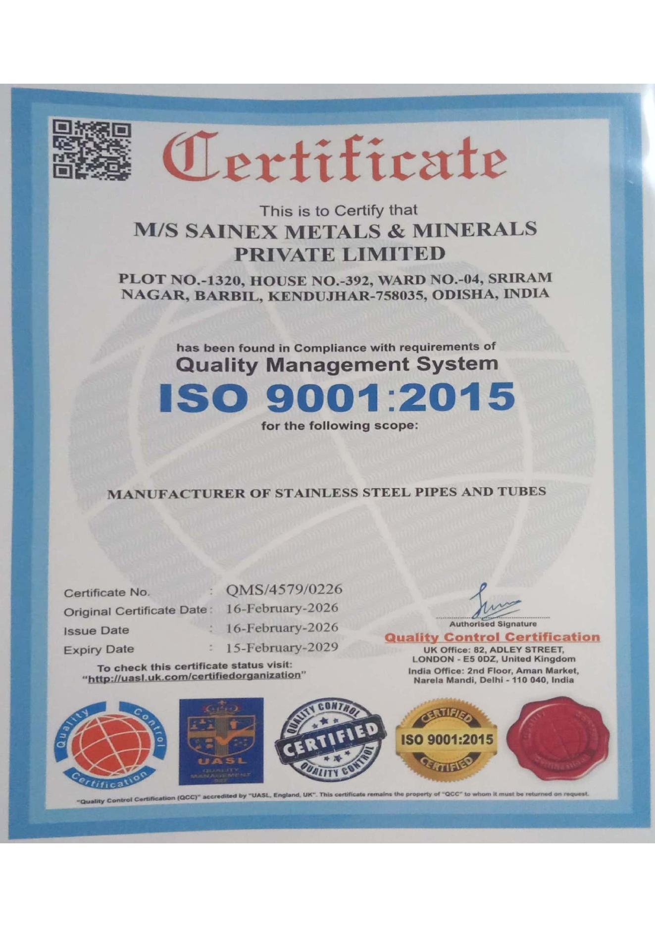 Sainex Metals ISO 9001:2015 certificate