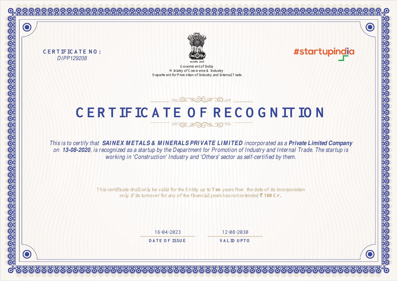 Sainex Metals Startup India recognition certificate