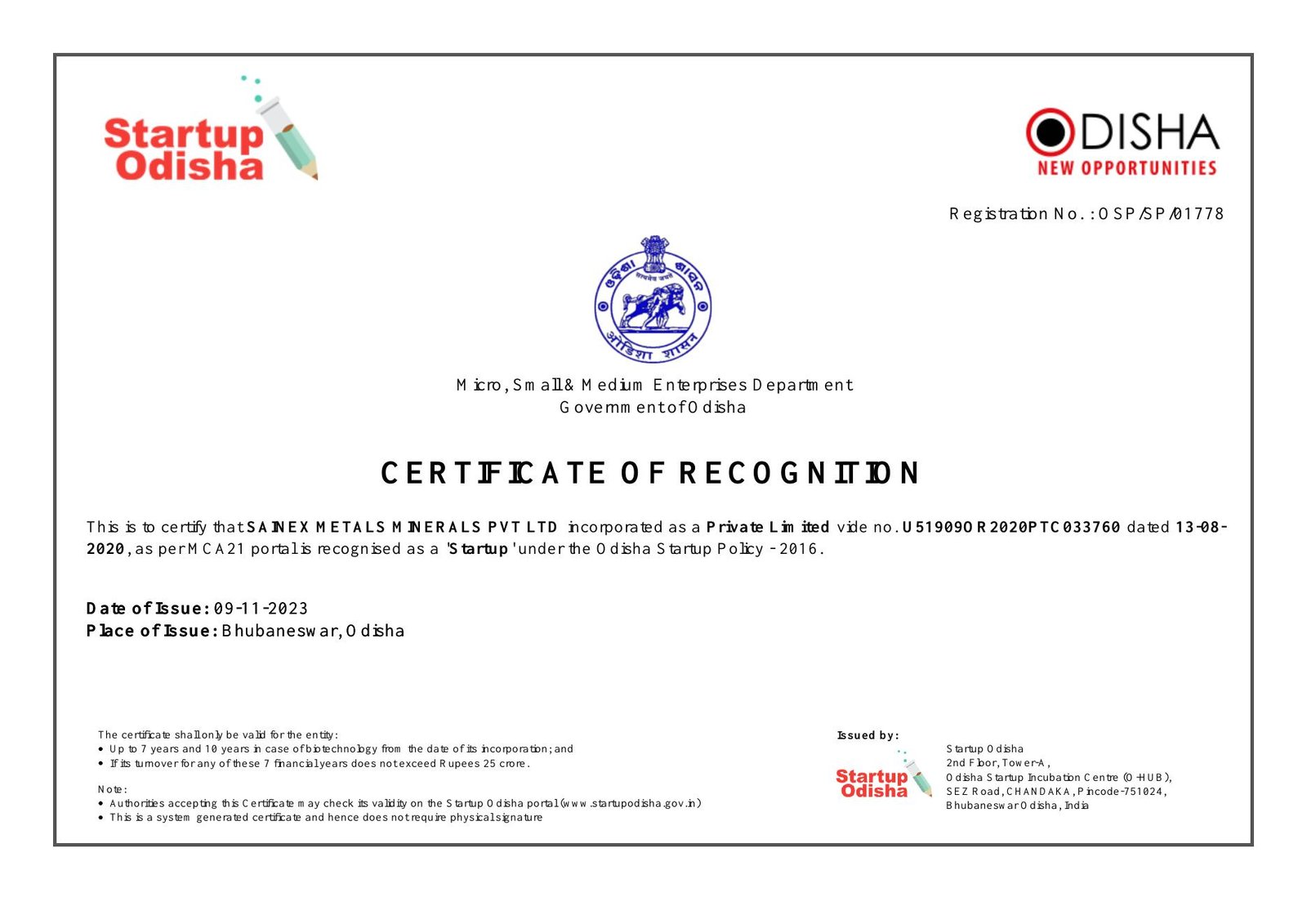Sainex Metals Startup Odisha certificate